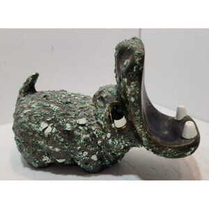 Vintage Ceramic Textured Green and Brown Hippopotamus with Open Mouth Figurine